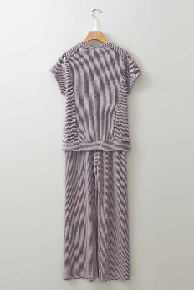 Wild Wind Solid Corded Knit Short Sleeve T Shirt and Wide Leg Pants Set