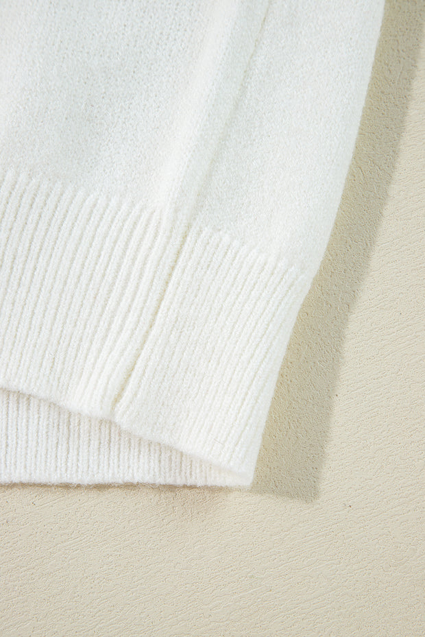 White Big Flower Pattern V Neck Drop Shoulder Sweater