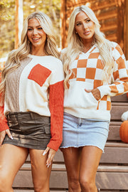 Gold Flame Checkered Split Neck Contrast Kangaroo Pocket Hooded Sweater