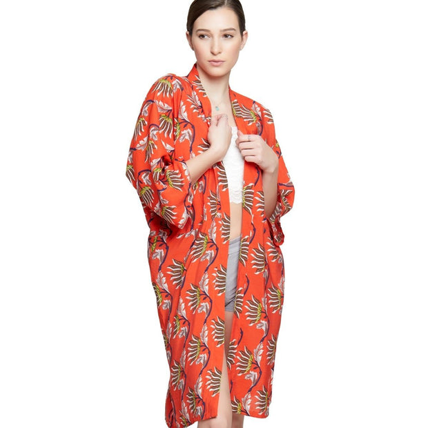 Orange Oriental Flower Long Kimono