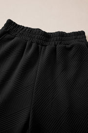 Black Solid Textured Collared V Neck Top and Wide Leg Pants Set