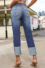 Blue-2 High Waist Distressed Straight Leg Jeans