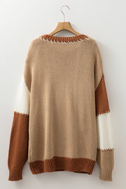 Light French Beige Contrast Stitch Detail Color Block Knitted Plus Size Sweater