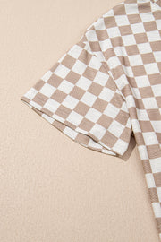 Brown Checkerboard T Shirt and High Waist Skorts 2 Piece Outfit