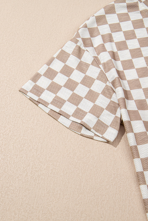 Brown Checkerboard T Shirt and High Waist Skorts 2 Piece Outfit