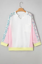White Floral Colorblock Patchwork Chest Pocket Notched Neck Long Sleeve Top
