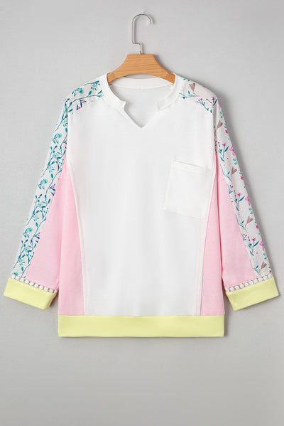 White Floral Colorblock Patchwork Chest Pocket Notched Neck Long Sleeve Top