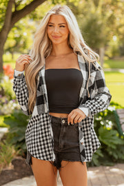 Black Double Plaid Patchwork Drawstring Hooded Shacket
