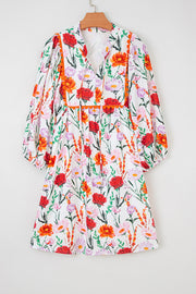 Beige Floral Print 3/4 Puff Sleeve Ricrac Trim Mini Dress