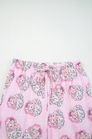 Pink Santa Claus Print V Neck Tee Drawstring Pants 2pcs Lounge Set
