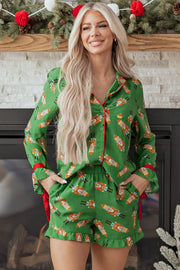 Green Christmas Candy Contrast Trim Bow Knot Silky 2pcs Pajama Set