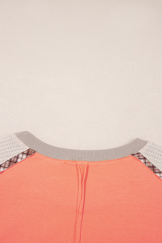 Grapefruit Orange Plaid Waffle Flower Patchwork Bracelet Sleeve Top