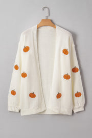 White Pumpkin Print Open Front Drop Shoulder Midi Cardigan