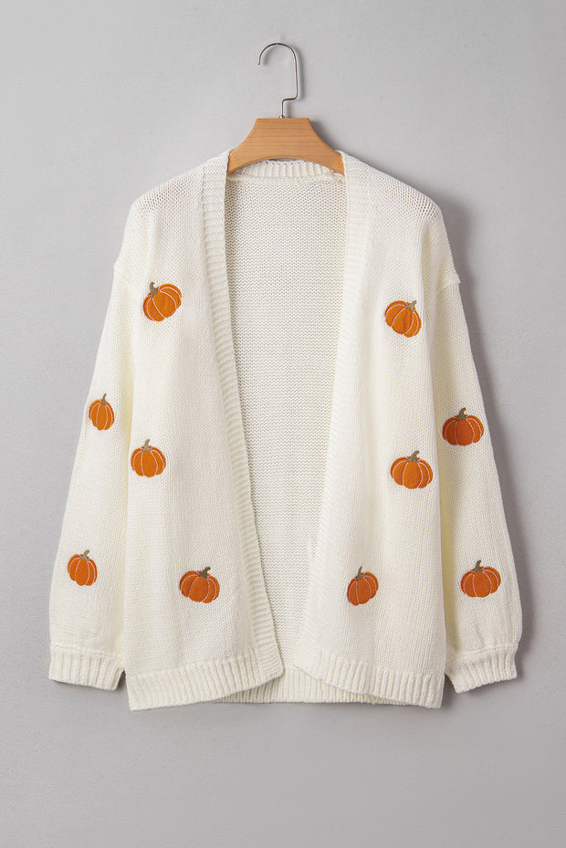 White Pumpkin Print Open Front Drop Shoulder Midi Cardigan