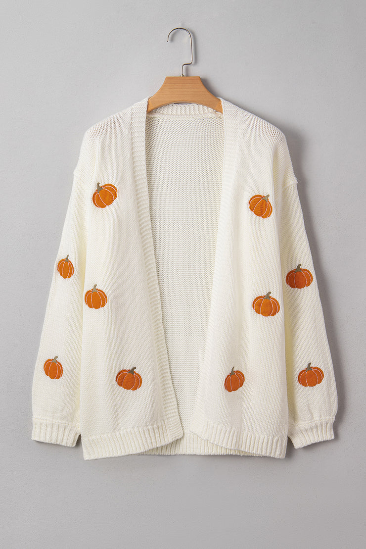 White Pumpkin Print Open Front Drop Shoulder Midi Cardigan