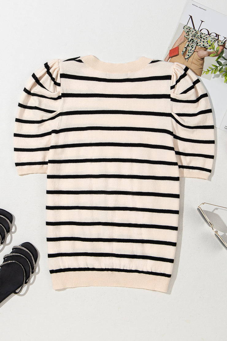 Black Stripe Ribbed Trim Round Neck Bubble Sleeve Knitted Top