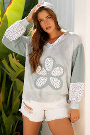 Green Floral Patched Waffle Textured Colorblock V Neck Casual Hooded Top
