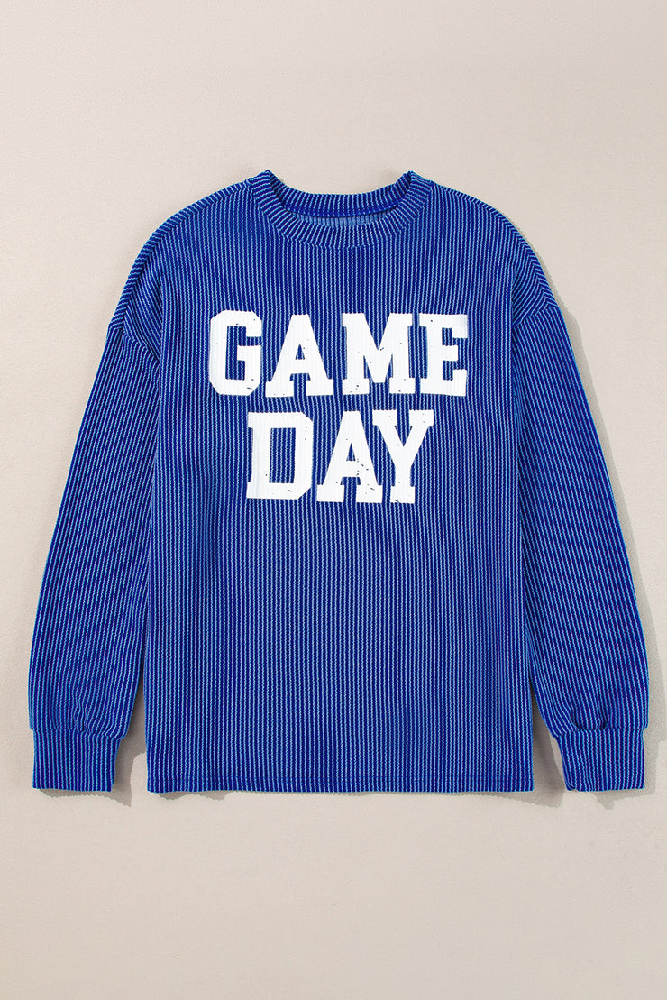 Top de cuello redondo de manga larga con gráfico GAME DAY con cordón azulado