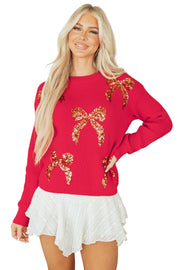 Fiery Red Sequin Bow Accent Drop Shoulder Festive Sweater