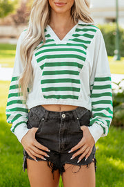 Green Stripe Colorblock Collared V Neck Cropped Knit Pullover