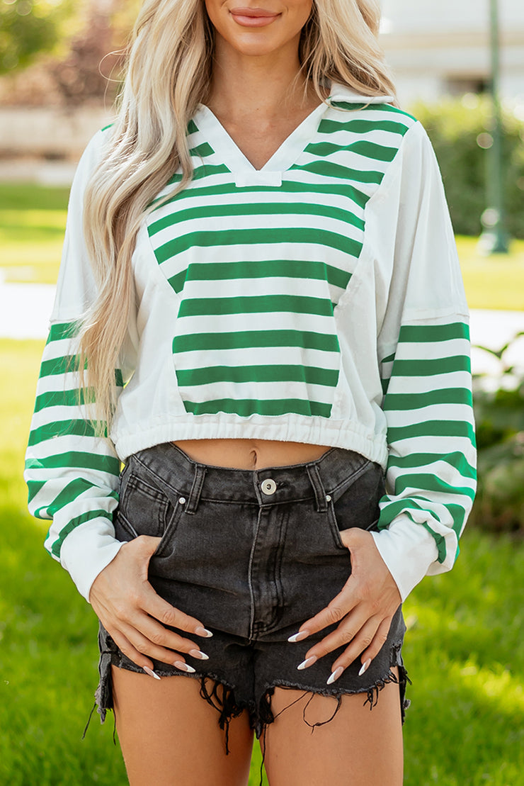 Green Stripe Colorblock Collared V Neck Cropped Knit Pullover