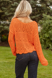 Carrot Solid Color Open Crochet Scallop Edge Sweater