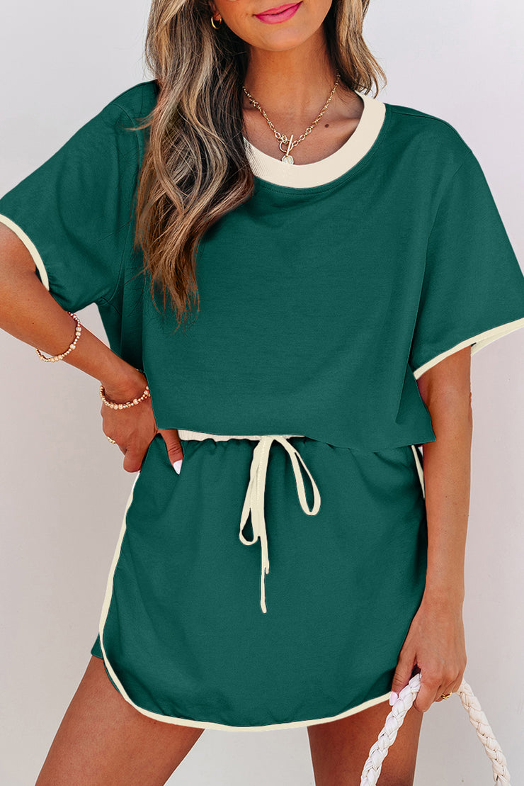 Conjunto de 2 piezas de camiseta y falda con hombros caídos y borde en bloques de color Evergreen