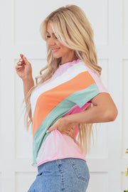 Camiseta de cuello redondo con costuras y patchwork en bloques de color rosa