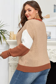 Light French Beige Contrast Stitch Detail Color Block Knitted Plus Size Sweater