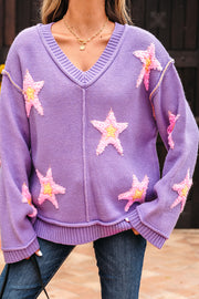Lavendula Brushed Star Graphic V Neck Drop Shoulder Oversize Sweater
