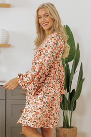 Beige Floral Deep V Neck Smocked Bust Bubble Sleeve Babydoll Dress