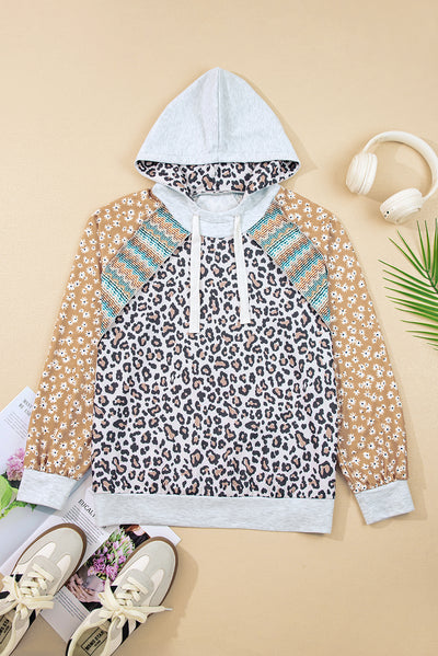 Multicolor Leopard Floral Patchwork Drawstring Hoodie
