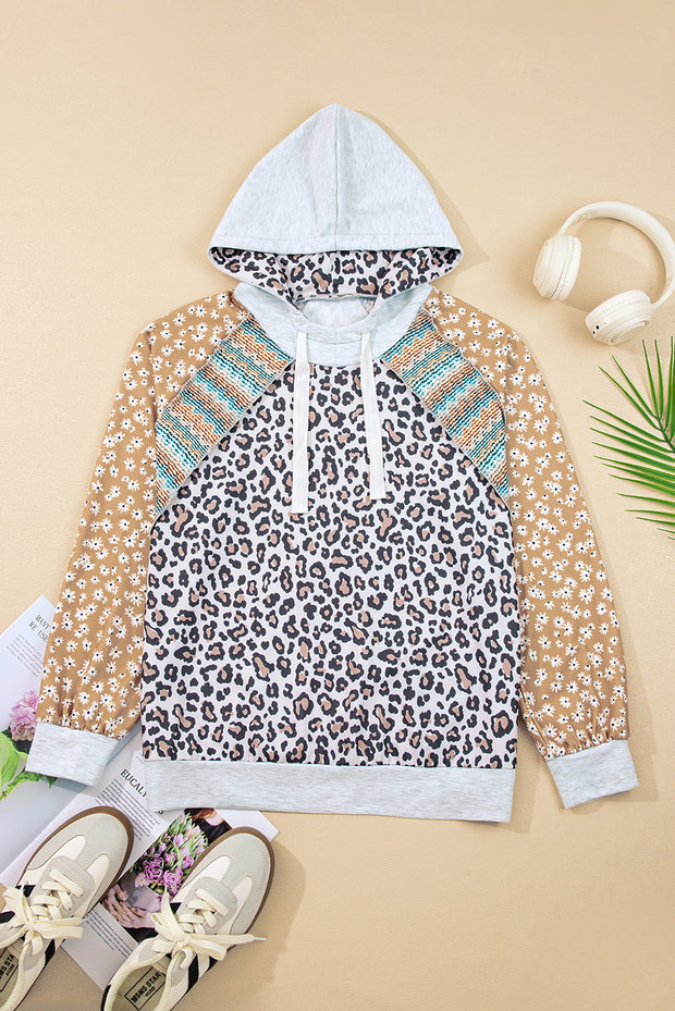 Multicolor Leopard Floral Patchwork Drawstring Hoodie