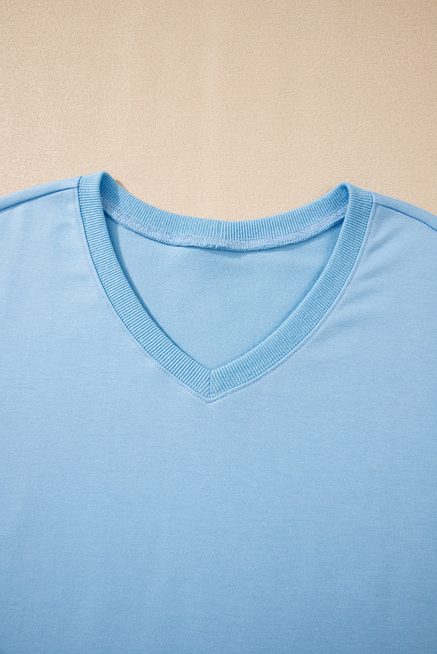 Myosotis V Neck Drop Shoulder Tee and Patchwork Drawstring Shorts Set