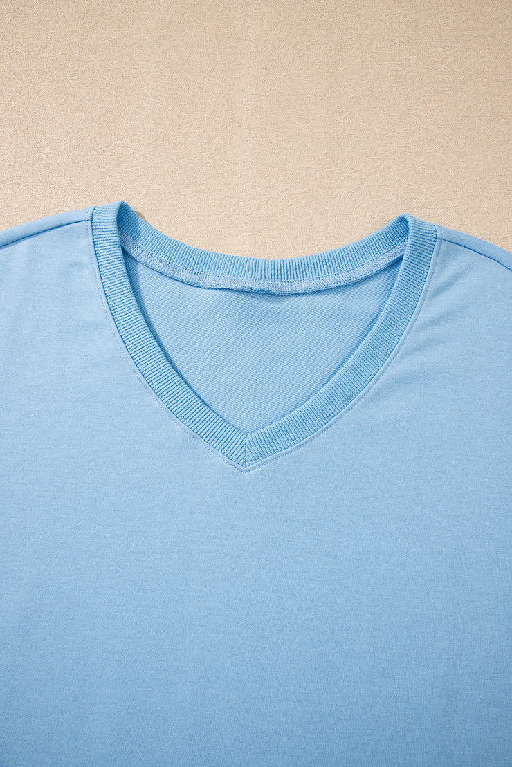 Myosotis V Neck Drop Shoulder Tee and Patchwork Drawstring Shorts Set