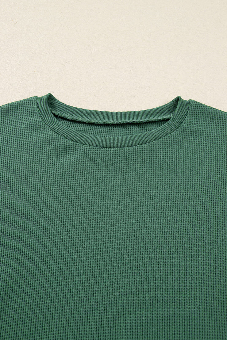 Evergreen Solid Color Raw Seam Patchwork Ribbed Drop Shoulder Sweatshirt