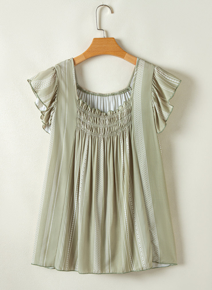 Top sin mangas holgado con cuello redondo fruncido y mangas con volantes a rayas verde laurel