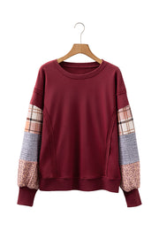 Red Sandalwood Plaid Colorblock Patchwork Sleeve Raw Seam Sweatshirt