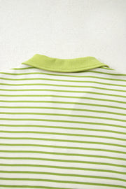 Green Stripe Collared V Neck Drop Shoulder Pullover and Skort 2pcs Outfit