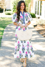 White Floral Puff Short Sleeve V Neck High Waist Maxi Dress