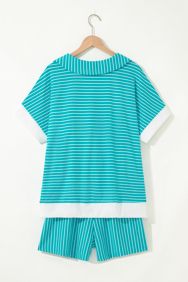 Sky Blue Stripe V Neck Tee and Casual Short Set