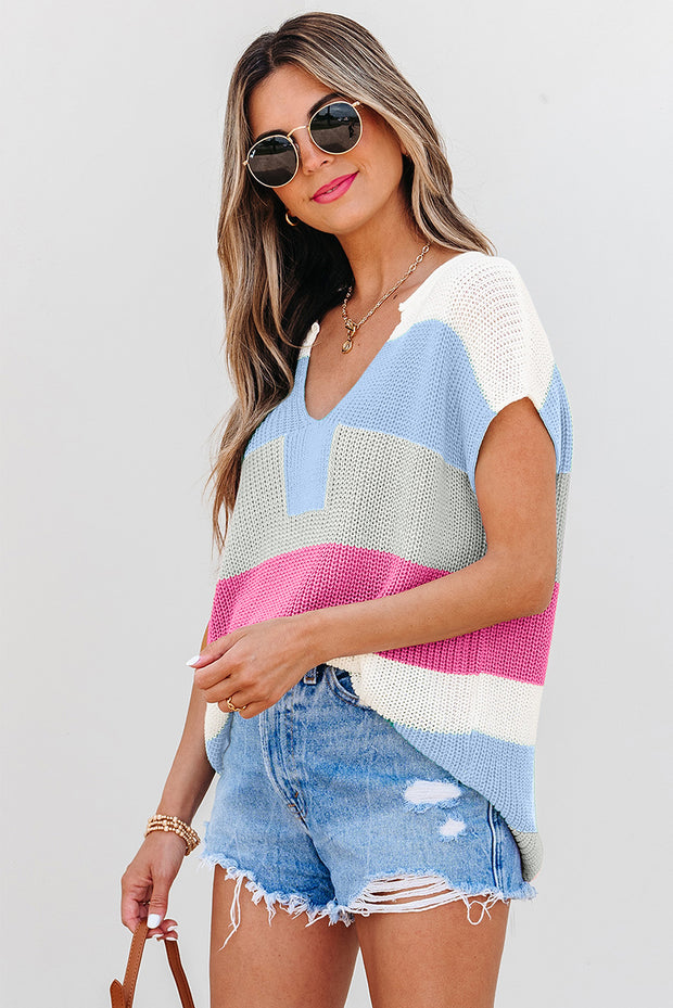 Light Blue Color Block Notch V Neck Sweater T Shirt