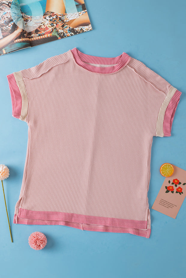Light Pink Textured Contrast Trim Round Neck T Shirt