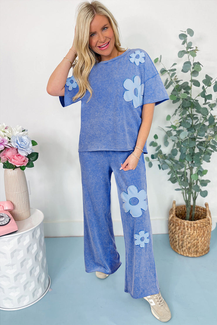 Lilac Floral Patch Exposed Seam Raw Edge Pants Set