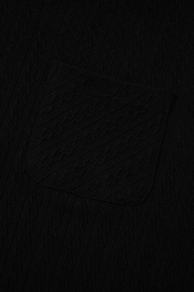 Black Textured Chest Pocket Long Sleeve Top 2Pcs Pants Set