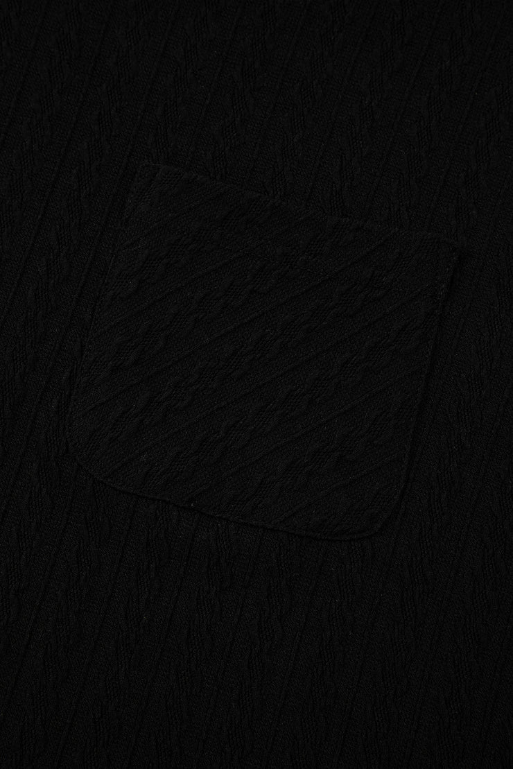 Black Textured Chest Pocket Long Sleeve Top 2Pcs Pants Set