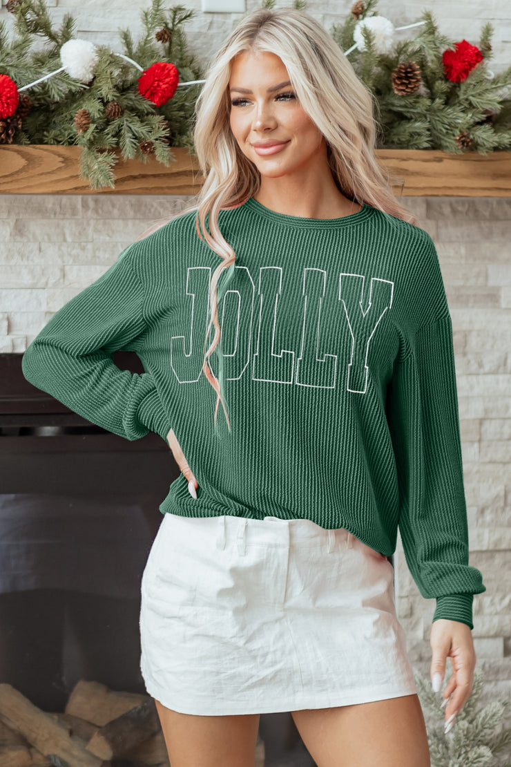 Blackish Green Twisted Rib Outlined Merry Letter Graphic Loose Long Sleeve Top