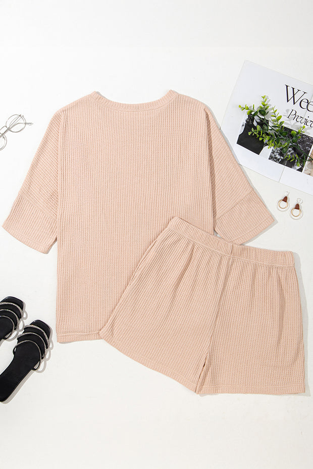 Light French Beige Cactus Forest Waffle Half Sleeve Tee Short Set
