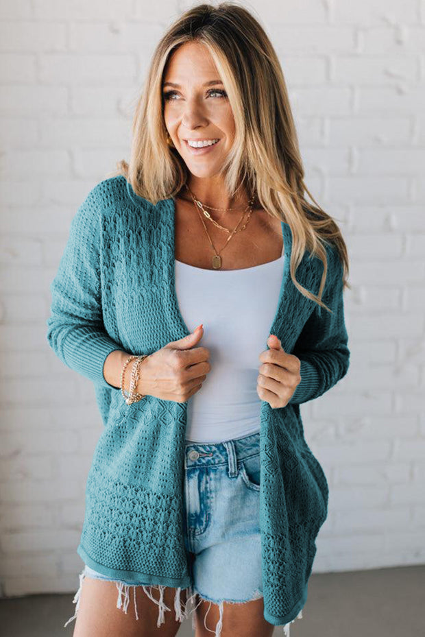 Lapis Mix Pattern Hollowed Knit Open Front Cardigan