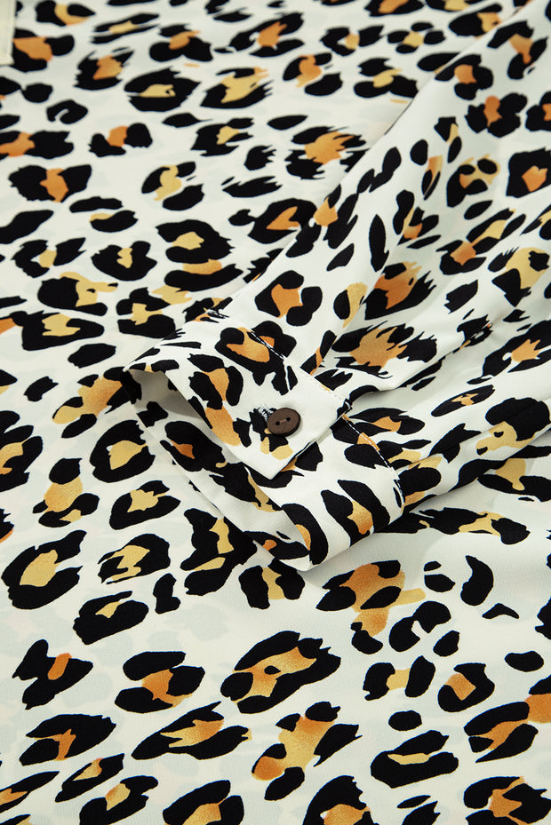 Khaki Leopard Print Contrast Striped V Neck Blouse